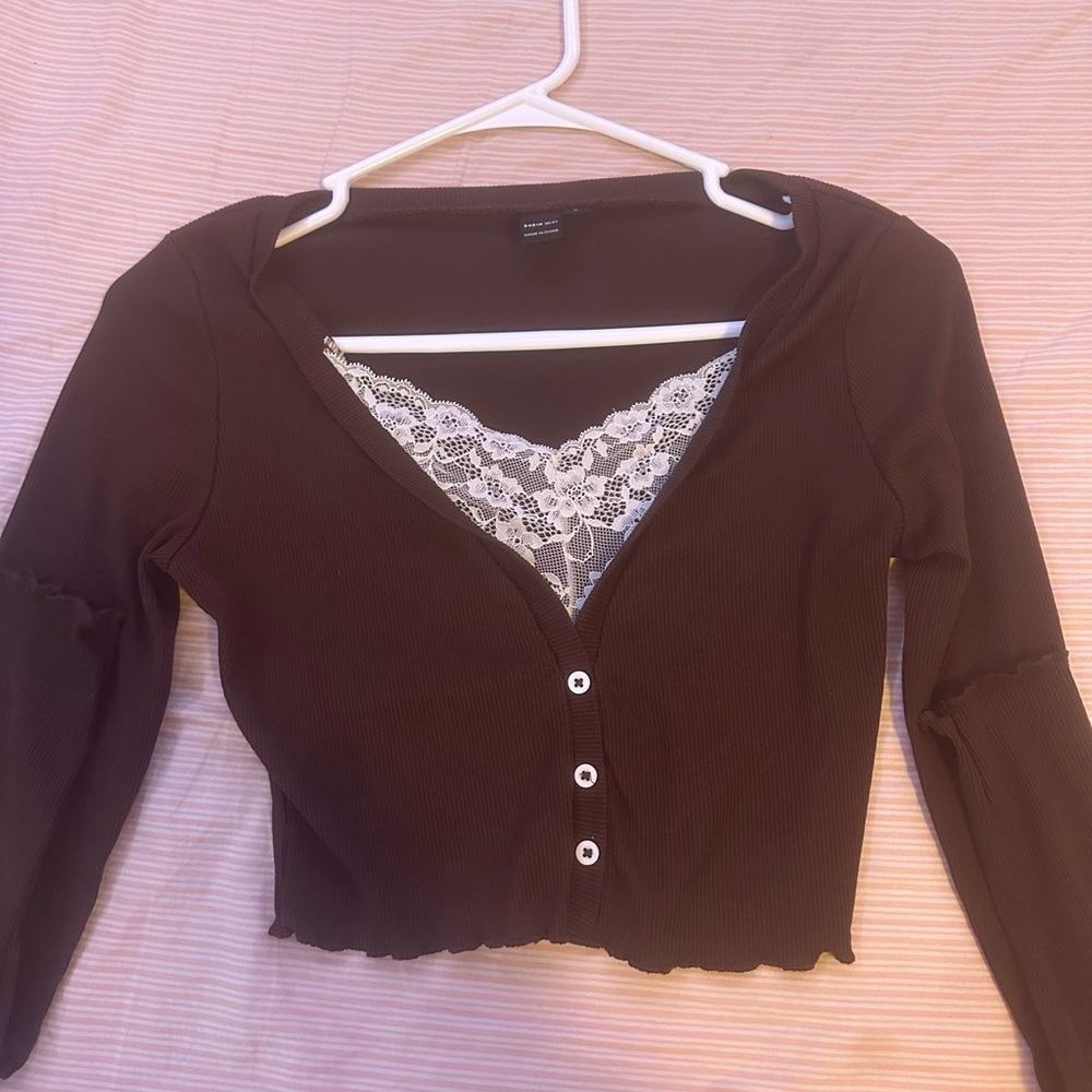 Brown Button-Up Cardigan with Lace Detail